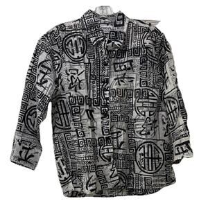 Chicos Button Up Top Linen Blend Black White Asian Print Semi Sheer Size 0/S